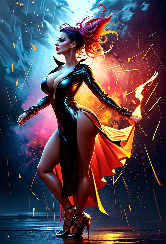 a sorceress of fire making fire dance in a the (storm of rain: 1.3), a most exquisite beautiful sorceress, controlling fire manipulating fire, a woman, dynamic hair color, dynamic hair style, (most beautiful face: 1.3), (ultra detailed face: 1.2), wet hair, wet face, dynamic eyes color, full body shot, wearing dress made of fire, wearing intricate high heels, light make up, dancing in courtyard of a fantasy castle background, ((heavy rain drops: 1.1)), clouds in the sky, (anatomically correct: 1.4), (full body shot: 1.1) , vibrant, Ultra-high resolution, High Contrast, (masterpiece:1.5), highest quality, Best aesthetics), best details, best quality, highres, ultra wide angle, 16k, [ultra detailed], masterpiece, best quality, (extremely detailed), human on fire
