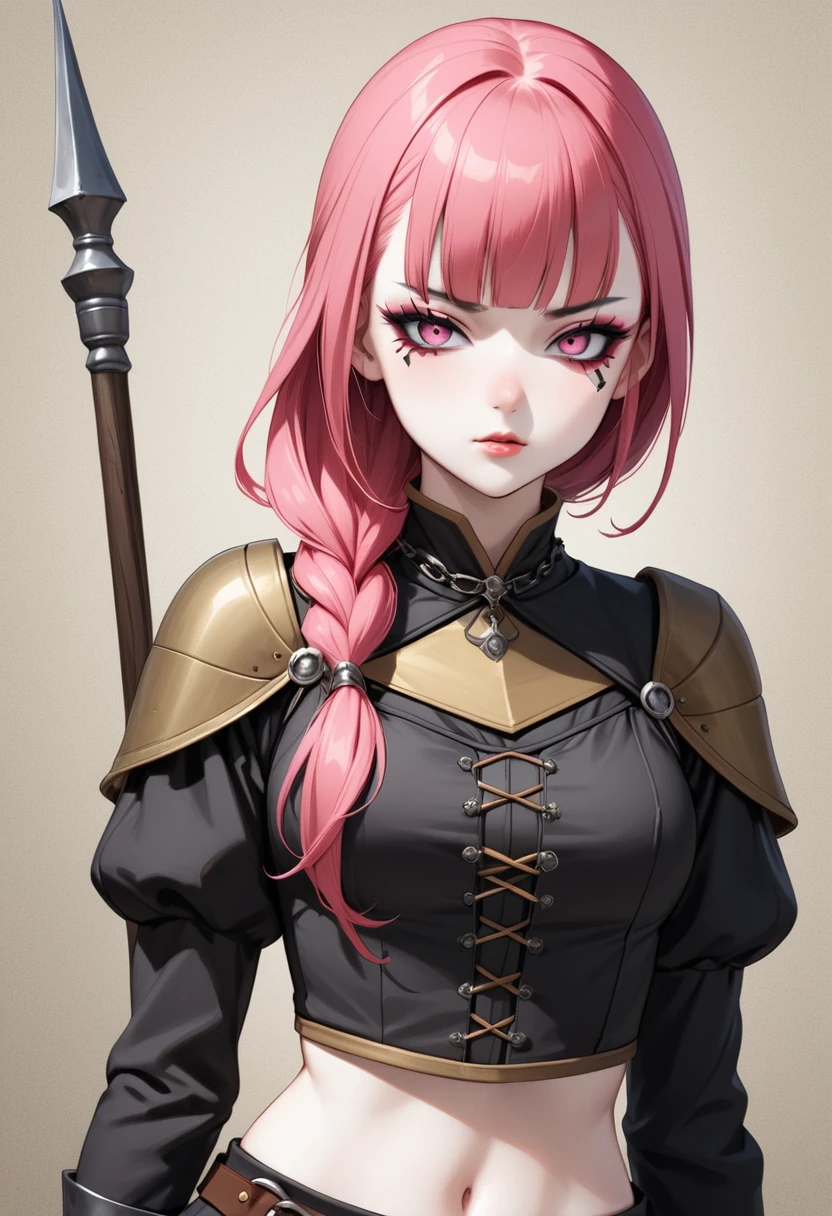 (masterpiece, Best quality, 32 thousand.), (((Character concept from the front))),Young age girl with pink hair , ((pink глаза)), ((Eyeliner)), ((Beautiful face, sultry face, mischievous face, fine features, sexy face)), ((pale skin, Smooth skin, perfect skin)), ((cute outfit, Stylish outfit, Medieval attire, fantasy outfit, tactical equipment:1.3))