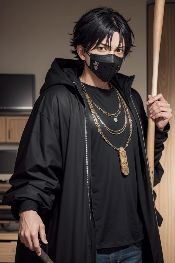 Character from Black Clover who wears a mask covering his neck, clothes with a Saturn print and a Saturn necklace, wears a dark coat, a baseball bat with 5 black details 