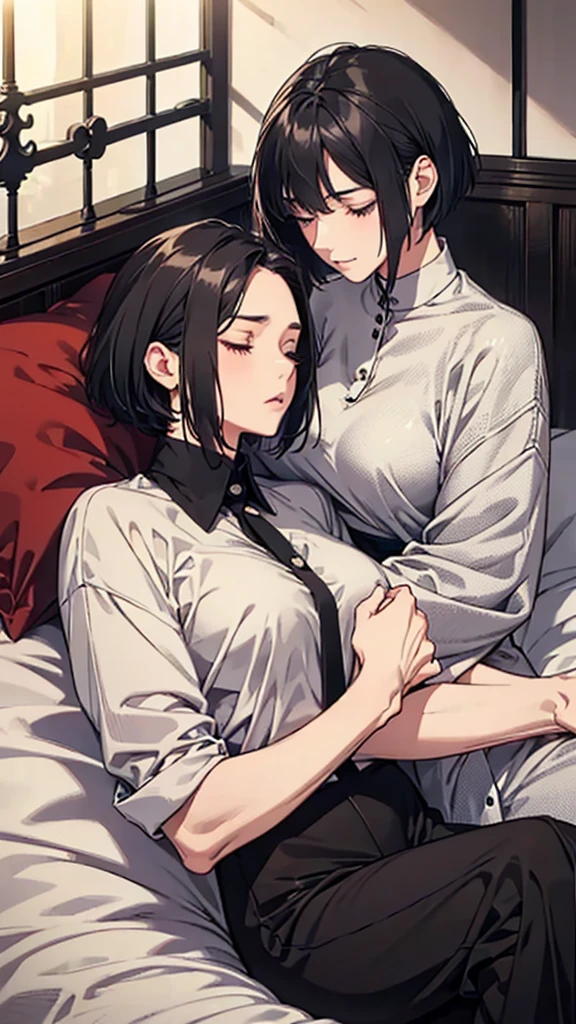 A tall man with short grey hair and a tough look、A girl with black hair, a bob and big breastan and woman lovers、Sleeping together in bed、Age Difference、love story、Uncle and 、Height difference、Wrist pillow