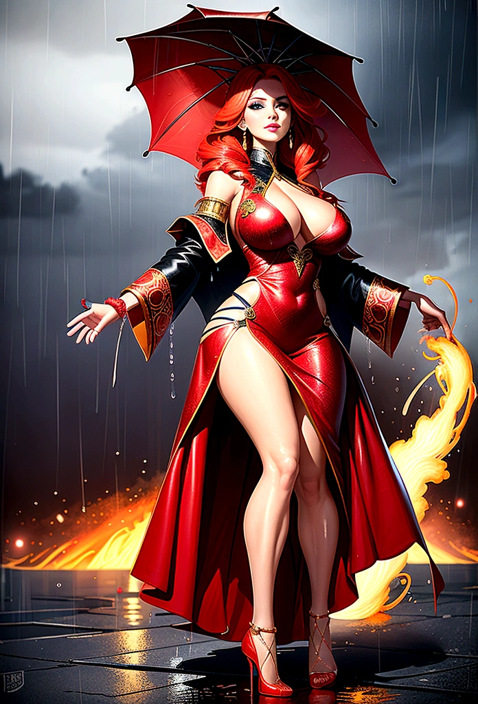 a sorceress of fire making fire dance in a the (storm of rain: 1.3), a most exquisite beautiful sorceress, controlling fire manipulating fire, a woman, dynamic hair color, dynamic hair style, (most beautiful face: 1.3), (ultra detailed face: 1.2), wet hair, wet face, dynamic eyes color, full body shot, wearing dress made of fire, wearing intricate high heels, light make up, dancing in courtyard of a fantasy castle background, ((heavy rain drops: 1.1)), clouds in the sky, (anatomically correct: 1.4), (full body shot: 1.1) , vibrant, Ultra-high resolution, High Contrast, (masterpiece:1.5), highest quality, Best aesthetics), best details, best quality, highres, ultra wide angle, 16k, [ultra detailed], masterpiece, best quality, (extremely detailed), firecd_xl, phoenix dress, 