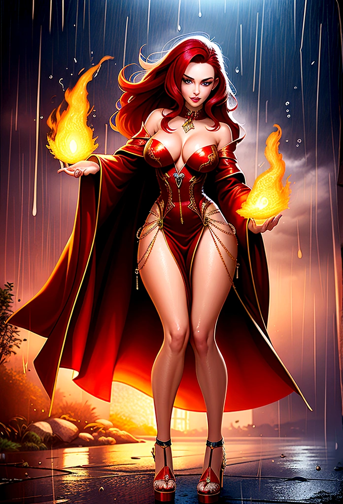 a sorceress of fire making fire dance in a the (storm of rain: 1.3), a most exquisite beautiful sorceress, controlling fire manipulating fire, a woman, dynamic hair color, dynamic hair style, (most beautiful face: 1.3), (ultra detailed face: 1.2), wet hair, wet face, dynamic eyes color, full body shot, wearing dress made of fire, wearing intricate high heels, light make up, dancing in courtyard of a fantasy castle background, ((heavy rain drops: 1.1)), clouds in the sky, (anatomically correct: 1.4), (full body shot: 1.1) , vibrant, Ultra-high resolution, High Contrast, (masterpiece:1.5), highest quality, Best aesthetics), best details, best quality, highres, ultra wide angle, 16k, [ultra detailed], masterpiece, best quality, (extremely detailed), firecd_xl, phoenix dress, 