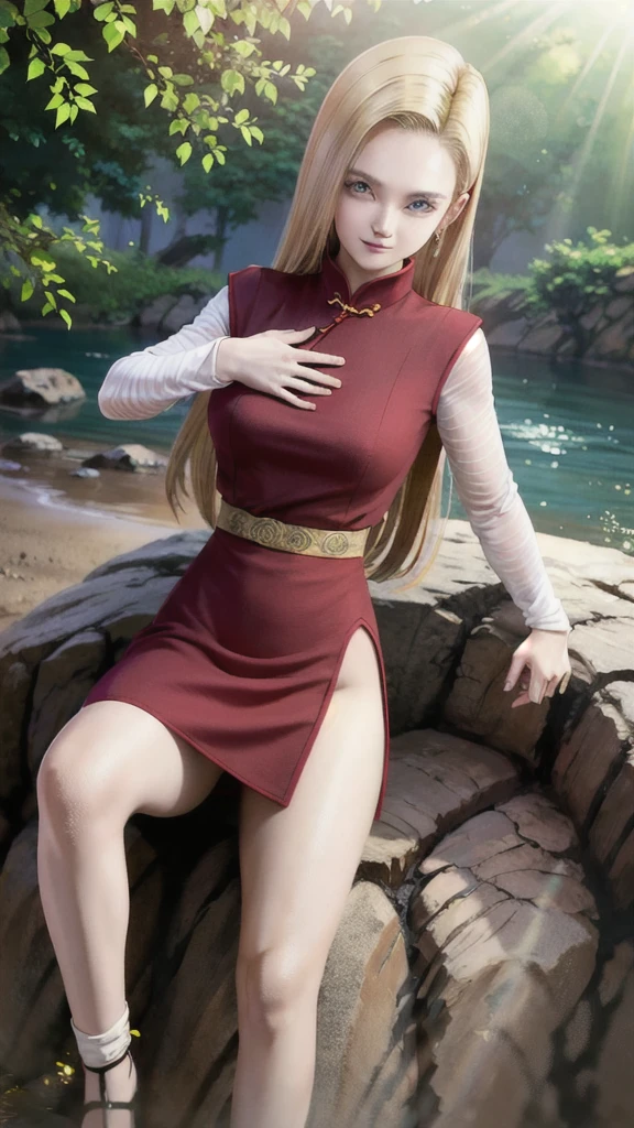 android 18,blonde hair,(((long hair))),blue eyes,(long slit red sexy cheongsam), (Red),looking at the audience,face smile,close-up,river,rock,tree,blue sky,high quality,masterpiece,sexy body, sexy Red Dress, red,perfect big breasts, Hyperrealistic intricate detail, Cinematic, 8K resolution, 70mm, Accent Lighting, Global Illumination, Full body portrait, clean detailed faces,