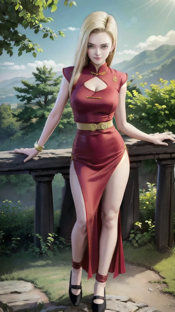 android 18,blonde hair,(((long hair))),blue eyes,(long slit red sexy cheongsam), (Red),looking at the audience,face smile,close-up,river,rock,tree,blue sky,high quality,masterpiece,sexy body, sexy Red Dress, red,perfect big breasts, Hyperrealistic intricate detail, Cinematic, 8K resolution, 70mm, Accent Lighting, Global Illumination, Full body portrait, clean detailed faces,