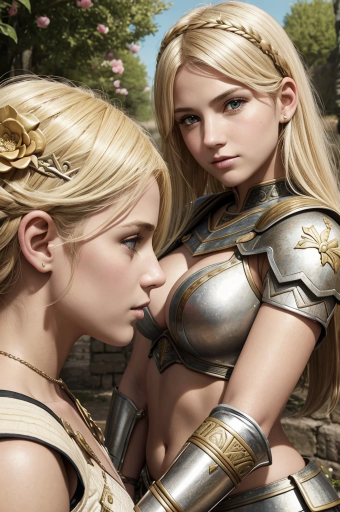 mother and daughter portrait break: mature woman, roman warrior, queens blade , mature, blonde, detailed face, curvy, fighter position, break: girl, roman warrior, princess blade , 13 yenager girl, s breasts, mini cropped, valkyrian princess ,blonde, detailed face, beautiful, confiant, background in uk land with flowers, soft lesbians