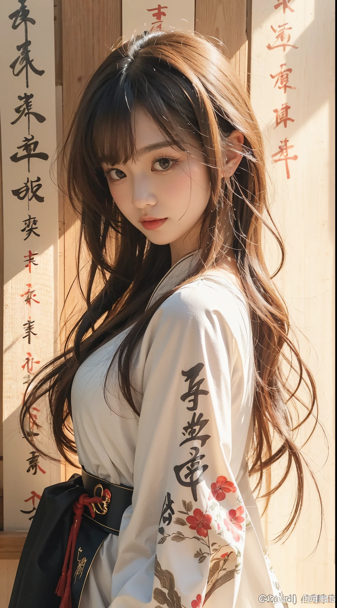 Beautiful Japanese Waifu, brunette hair, white traditional chinese dress with Chinese calligraphy on arm, in front of a wooden wall with Chinese calligraphy hanging
