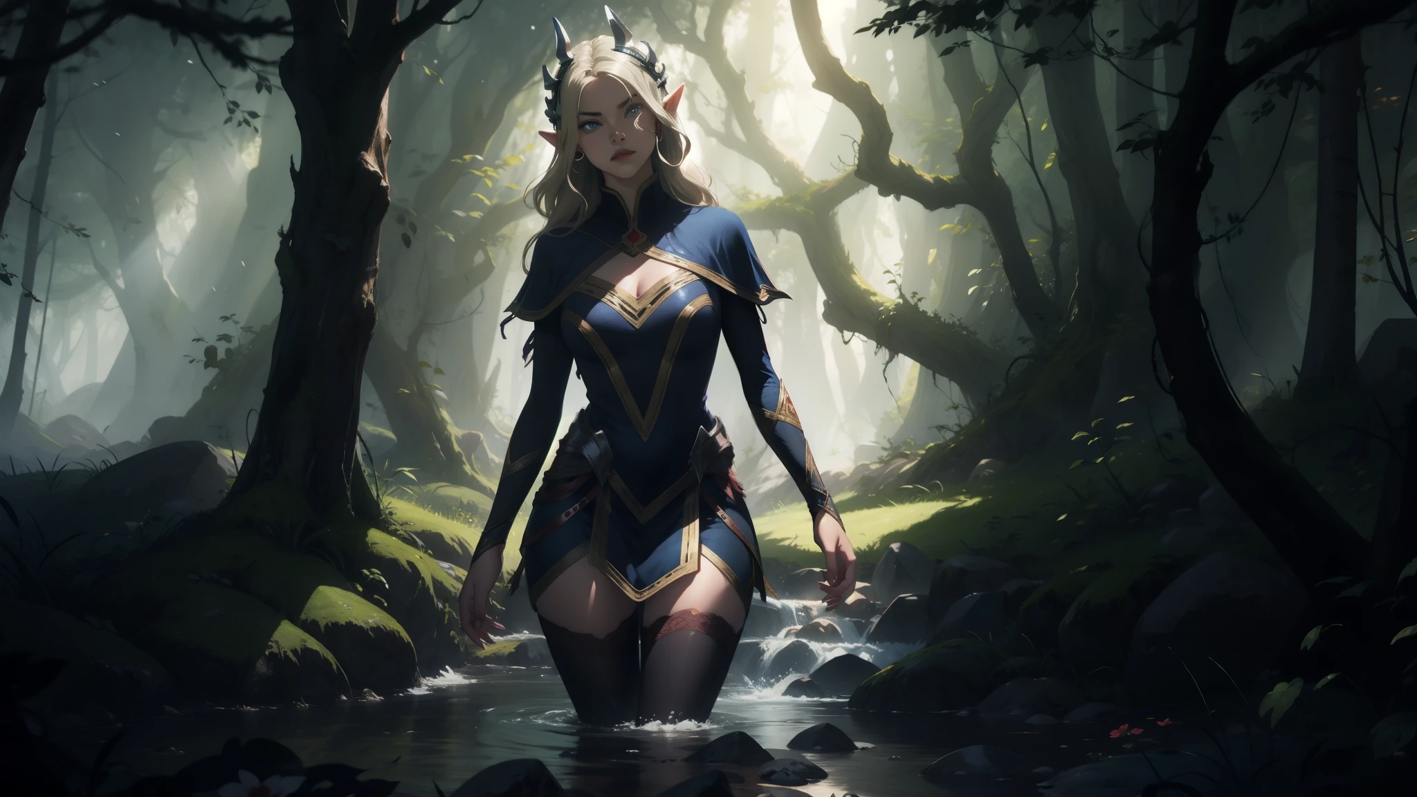 "Elf with a captivating look, unearthly beauty, flowing golden hair, pointed ears, dressed in elaborate elven attire, surrounded by a mystical forest, soft sunlight, breaking through lush greenery."