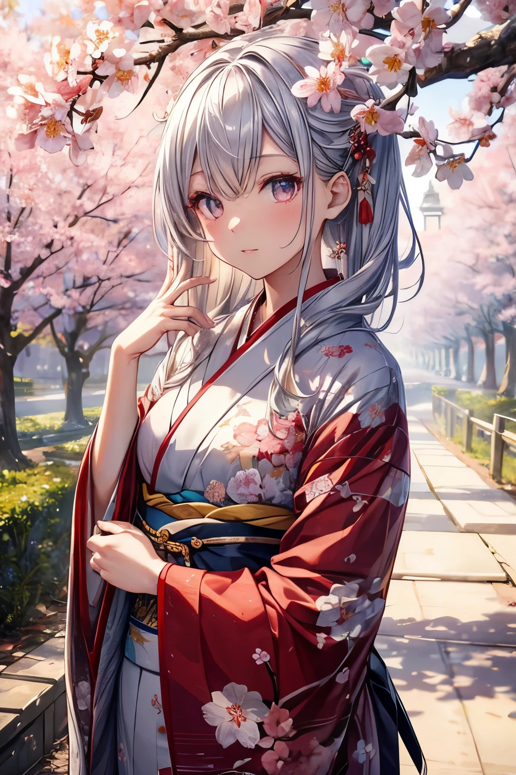 masterpiece,Highest quality,Very detailed,A beautiful girl with silver hair looking up at the sky,Beautiful and detailed eyes,Beautiful red kimono,skinny,Small breasts,Cherry blossom trees
