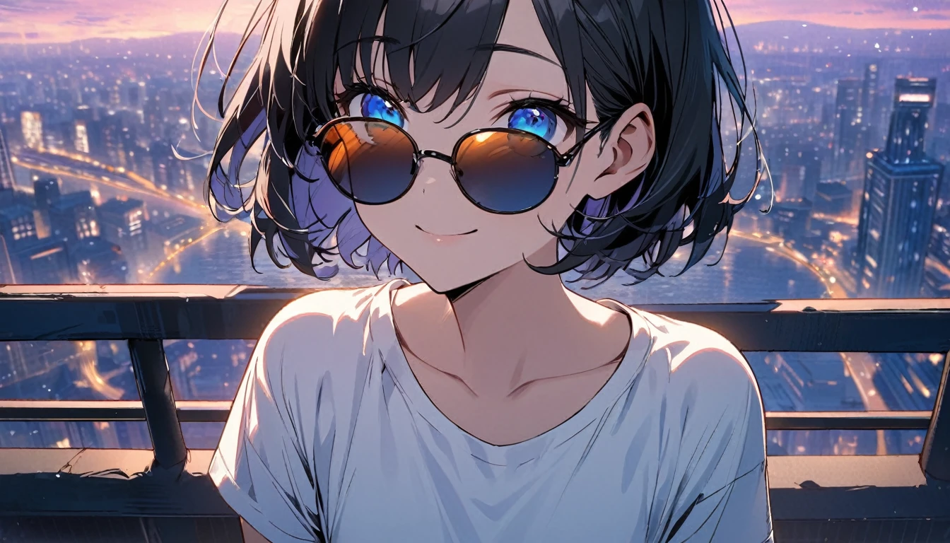 Txt2Img SDXL 12:59:56 1girl, solo, blue eyes, (detailed eyes), flat chest, short hair, black hair, ((white t-shirt)), simple t-shirt, black skirt, black socks, standing, upper body, gentle smile on her face((masterpiece, illustration, best quality)) a girl wearing sunglasses (sunglasses), Behind is the cityscape in the evening. There are twinkling lights of the city amidst the blue, blue, and purple sky. Cool girls stand on high balconies or bridges. Looking out at the city with a confident and calm expression. The colors of the picture emphasize the dramatic tone. close up to the face