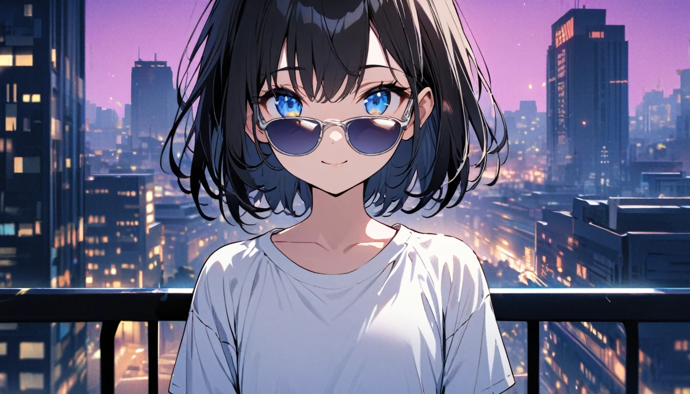 Txt2Img SDXL 12:59:56 1girl, solo, blue eyes, (detailed eyes), flat chest, short hair, black hair, ((white t-shirt)), simple t-shirt, black skirt, black socks, standing, upper body, gentle smile on her face((masterpiece, illustration, best quality)) a girl wearing sunglasses (sunglasses), Behind is the cityscape in the evening. There are twinkling lights of the city amidst the blue, blue, and purple sky. Cool girls stand on high balconies or bridges. Looking out at the city with a confident and calm expression. The colors of the picture emphasize the dramatic tone. close up to the face