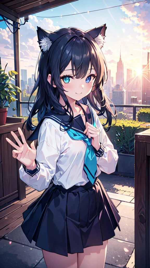 1girl wearing sailor uniform, long blue hair, cat ears, heterochromia iridum, smiling, detailed face, sparkling eyes, delicate hands, small white hands, normal fingers, flat chest, in a park, best quality, 4k, 8k, highres, masterpiece:1.2, ultra-detailed, realistic, photorealistic, photo-realistic:1.37, HDR, UHD, studio lighting, ultra-fine painting, sharp focus, physically-based rendering, extreme detail description, professional, vivid colors, bokeh, digital painting, intricate details