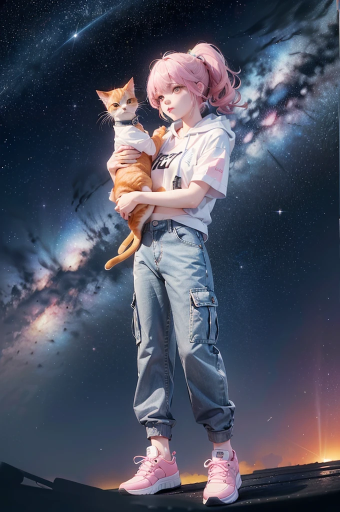 (((Holding a cute orange bantam cat in both hands))),((Highest quality,masterpiece,Full body front view of a super mature beauty,Air bangs,Blue gray high ponytail super long straight hair,Slightly curly hair on double sideburns,Hair ends curled in,Gray and pink short T-shirt,Light blue denim gray hooded jacket,Black and gray long and wide cargo pants,Pink and white sneakers,(((Look at the camera head-on))),starry sky galaxy background