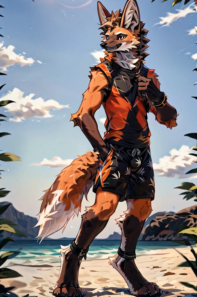 close up, furry, anthro, giant maned wolf, maned wolf ears, maned wolf tail, orange, white and brown fur, messy fur, neck floof, brown fluffy hair, brown eyes, razor sharp teeth, slim body, handsome, slender, long arms and legs, tall, wearing floral swimming shorts with a giant bulge, black anklets, pawpads, black pawpads, best quality, 4K, UHD, masterpiece, walking along beach, sunny day, alone,