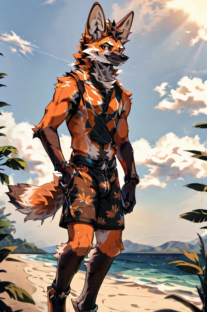 close up, furry, anthro, giant maned wolf, maned wolf ears, maned wolf tail, orange, white and brown fur, messy fur, neck floof, brown fluffy hair, brown eyes, razor sharp teeth, slim body, handsome, slender, long arms and legs, tall, wearing floral swimming shorts with a giant bulge, black anklets, pawpads, black pawpads, best quality, 4K, UHD, masterpiece, walking along beach, sunny day, alone,