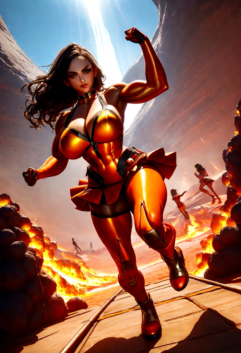 all people holding huge futuristic laser rifles in an action dynamic pose, ((Full body)), photo quality, vibrant colors, two 2womans, wearing sexy red/bluecamouflage micro mini skirt, orange mini space suite, huge breast, in a cold ice PLANET with volcanoes erupting lava and fire, nex to afuturistic modern tank, red cyberpunk futuristic army type boots with gross sole, loba andrade from apex legends, muscular body, lean muscles, body fitness, muscular legs, figthing pose, fitness build body type, huge angry face, oversized_hindquarters, amazin micro mini skirt, short, next to space ship, incredible quality, blonde, black hair, brown hair, muscular gigachad benediction, julia fuentes, wow!, high detail, high contrast, strong shade, real face shadows, unreal engine 5, blender rendering, 32k, real shade, perfect and proportioned body, working the smallest detail, provide the human figure, perfect bodys, perfect dimensions, all people on the same floor level, brigth colors