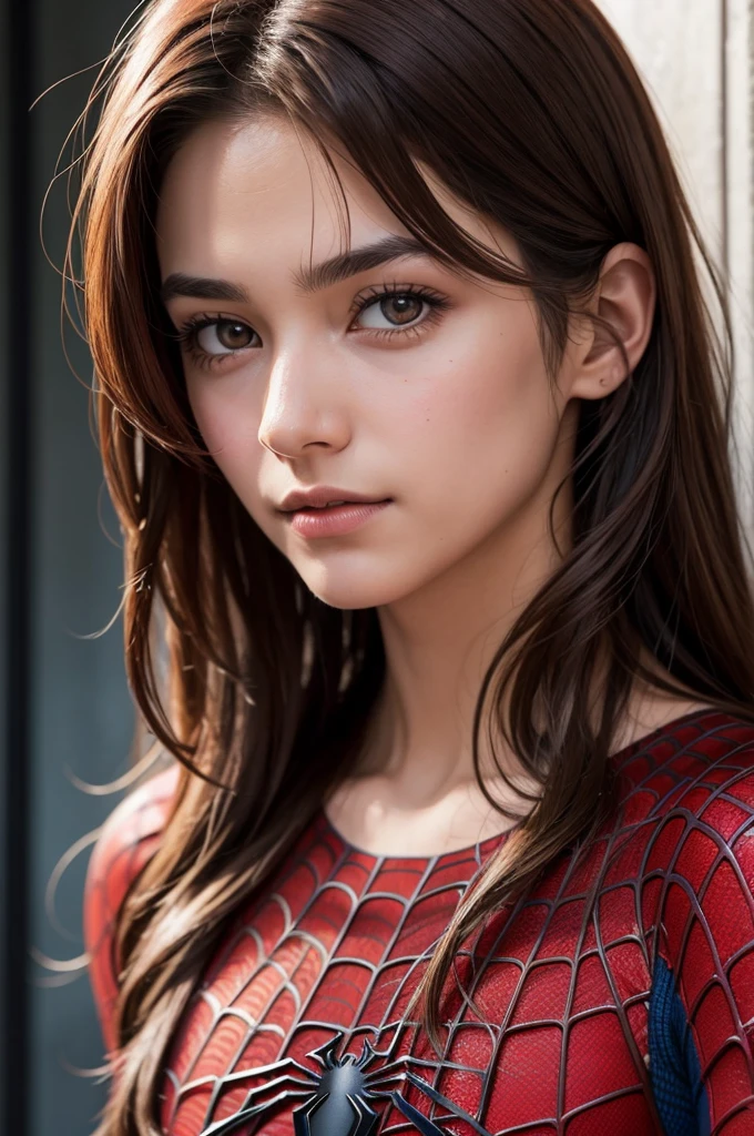 A photograph of spiderman, con mascara, long brown hair, looking to the camera