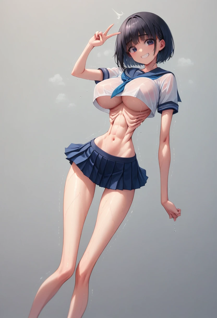(masterpiece, best quality:1.2), front shot, beautiful 1girl, (super big breasts, micro waist, very long legs:1.4), Black hair, short bob hair, short height, scrawny and thin body, (retraction of abdomen:1.3), Light Skin, cute big eyes, cute beautiful thin face, forced smile, Modest, serafuku, mini skirt, pigeon-toed, V sign, Long and thin navel, (visible ribs:1.3), (Arched back, wet and sweaty, Trembling)
