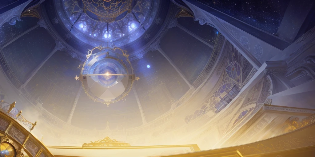 There is a clock on the ceiling of a building., Infinite Space Clock Background, Infinite Celestial Library, Alchemist's Library Background, background technologywork, Animation New Art Universe Display, Intricate sparkling atmosphere, background technology, Concept Art magical highlight, Kingdom of Light Background, Arena Background, anime background technology, astral background, Gorgeous border + Concept Art, Star Clocks