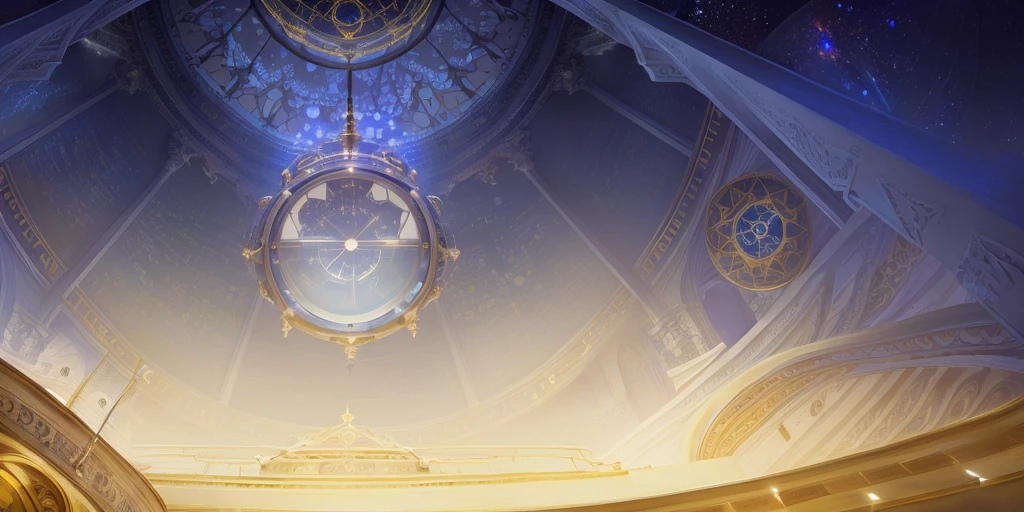 There is a clock on the ceiling of a building., Infinite Space Clock Background, Infinite Celestial Library, Alchemist's Library Background, background technologywork, Animation New Art Universe Display, Intricate sparkling atmosphere, background technology, Concept Art magical highlight, Kingdom of Light Background, Arena Background, anime background technology, astral background, Gorgeous border + Concept Art, Star Clocks