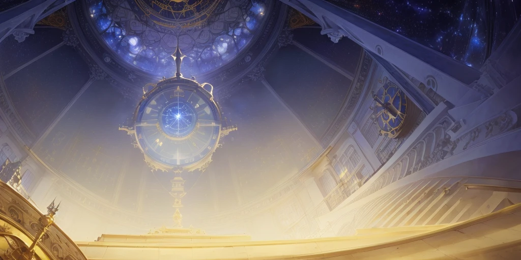There is a clock on the ceiling of a building., Infinite Space Clock Background, Infinite Celestial Library, Alchemist's Library Background, background technologywork, Animation New Art Universe Display, Intricate sparkling atmosphere, background technology, Concept Art magical highlight, Kingdom of Light Background, Arena Background, anime background technology, astral background, Gorgeous border + Concept Art, Star Clocks