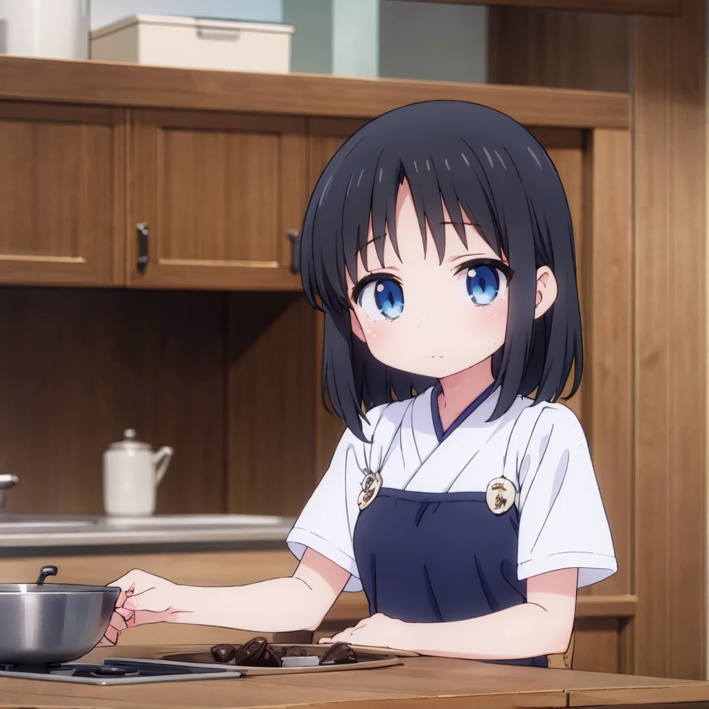 Highest quality, movie quality, craftsman girl making Japanese sweets, background (kitchen), girl wearing Japanese kappo clothes, girl (15 years old, black hair, beautiful girl, cute)