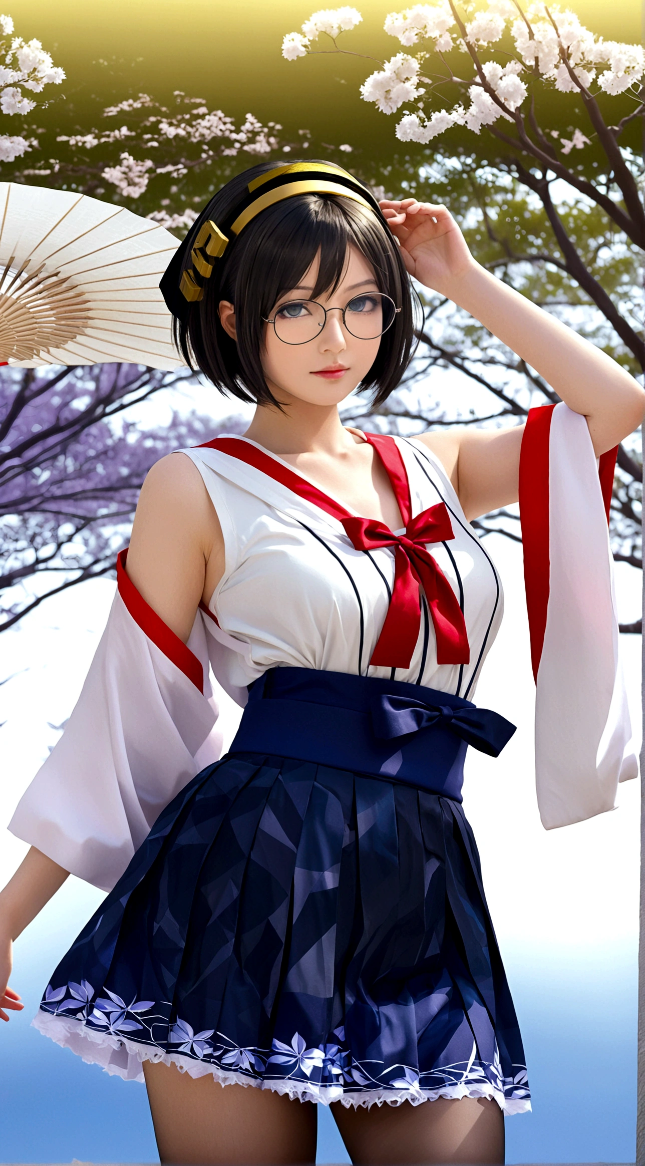 1girl, solo, looking at viewer, short hair, skirt, black hair, thighhighs, bare shoulders, pantyhose, hairband, detached sleeves, japanese clothes, glasses, nontraditional miko, kirishima \(kancolle\)