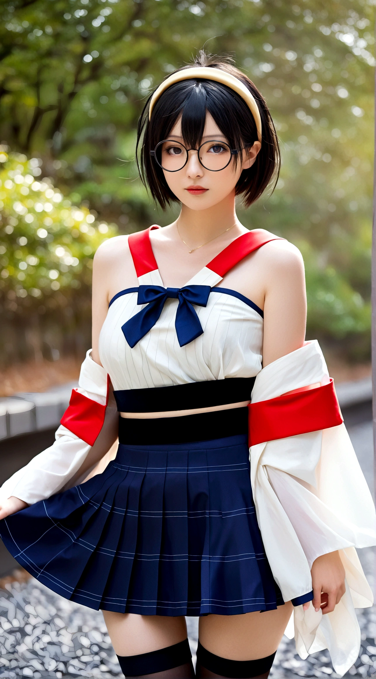 1girl, solo, looking at viewer, short hair, skirt, black hair, thighhighs, bare shoulders, pantyhose, hairband, detached sleeves, japanese clothes, glasses, nontraditional miko, kirishima \(kancolle\)