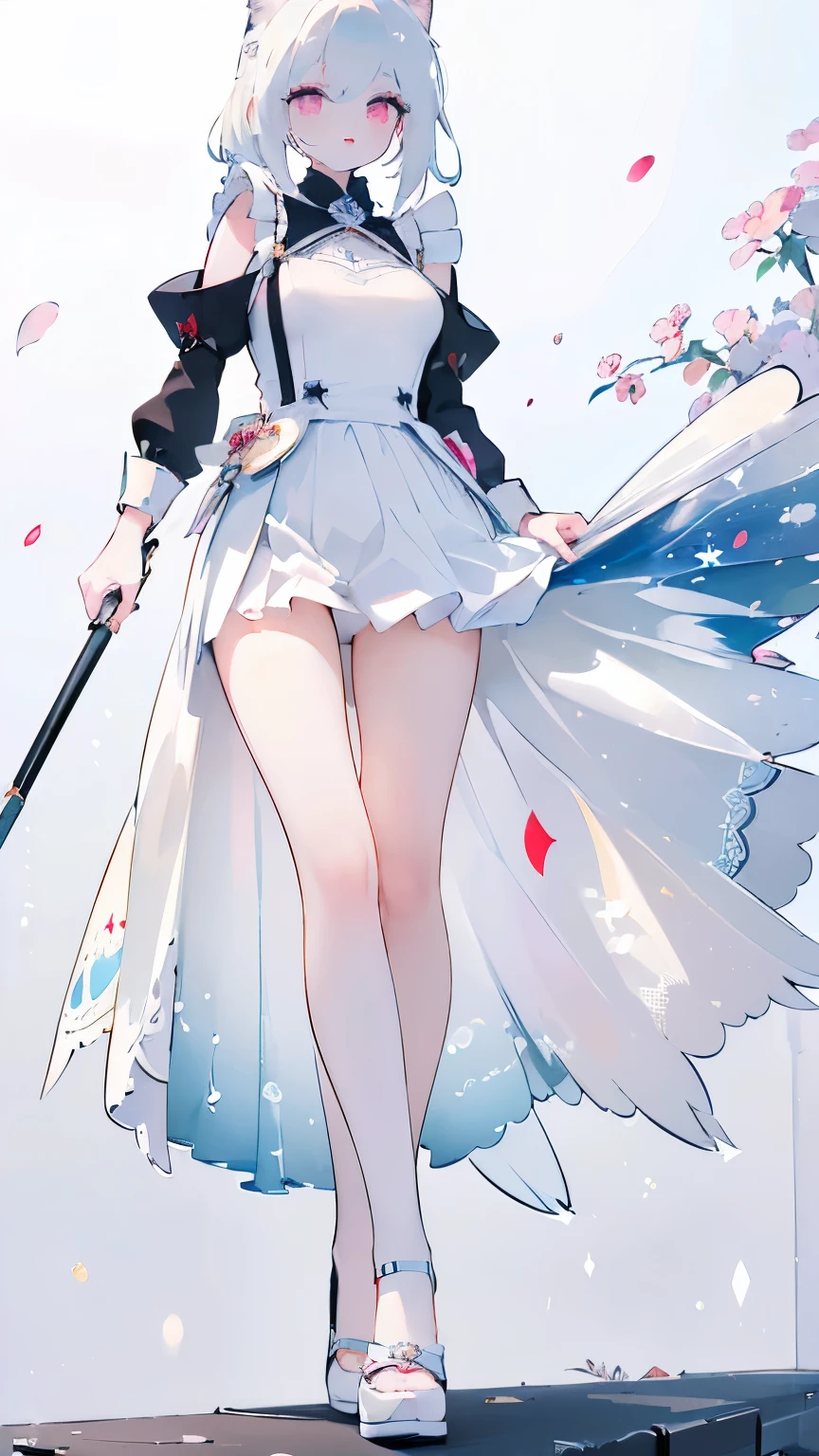 Tsundere 18 year old girl, beautiful and delicate eyes, beautiful lips, very detailed 눈과 얼굴, long eyelashes, 1girl, white cat ears, foot long bag, Front view, Red-eye, (top quality, 4K, 8K, high resolution, masterpiece:1.2), very detailed, (realistic인, realistic인, realistic인, realistic인, realistic: 1.37), very large breasts, Scythe, elegant, fantasy, white background,holding a weapon, maid uniform, I can see my armpits