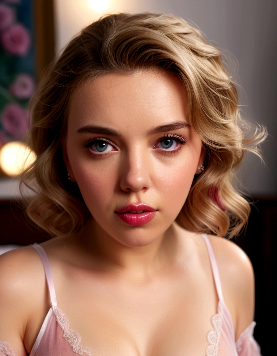 1girl, beautiful detailed eyes, beautiful detailed lips, extremely detailed eyes and face, long eyelashes, Scarlett Johansson, 25 years old, pink sheer nightgown, no bra, crotch less panties, knee high stockings, wakes up panicked, someone downstairs, bedroom, (best quality,4k,8k,highres,masterpiece:1.2),ultra-detailed,(realistic,photorealistic,photo-realistic:1.37), HDR, UHD, studio lighting, ultra-fine painting, sharp focus, physically-based rendering, extreme detail description, professional, vivid colors, bokeh, portrait