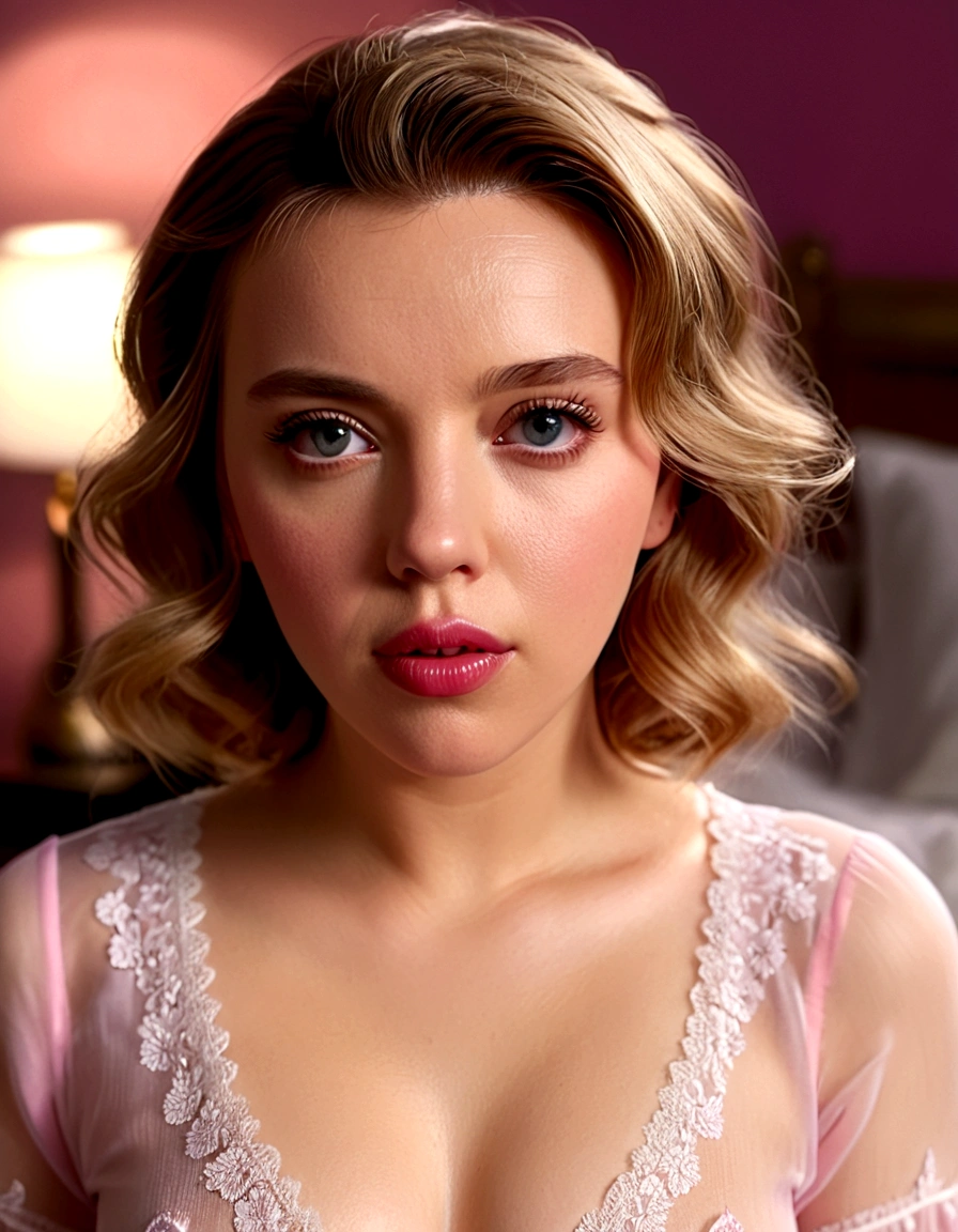 1girl, beautiful detailed eyes, beautiful detailed lips, extremely detailed eyes and face, long eyelashes, Scarlett Johansson, 25 years old, pink sheer nightgown, no bra, crotch less panties, knee high stockings, wakes up panicked, someone downstairs, bedroom, (best quality,4k,8k,highres,masterpiece:1.2),ultra-detailed,(realistic,photorealistic,photo-realistic:1.37), HDR, UHD, studio lighting, ultra-fine painting, sharp focus, physically-based rendering, extreme detail description, professional, vivid colors, bokeh, portrait