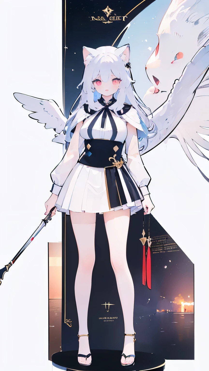Tsundere 18 year old girl, beautiful and delicate eyes, beautiful lips, very detailed 눈과 얼굴, long eyelashes, 1girl, white cat ears, foot long bag, Front view, Red-eye, (top quality, 4K, 8K, high resolution, masterpiece:1.2), very detailed, (realistic인, realistic인, realistic인, realistic인, realistic: 1.37), very large breasts, Scythe, elegant, fantasy, white background,holding a weapon, maid uniform, I can see my armpits