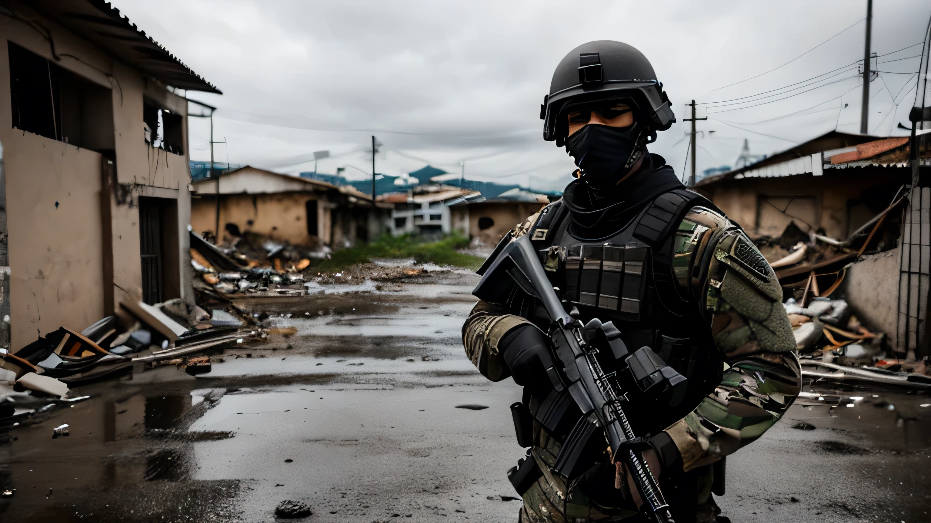 an elite soldier dressed in black with a mask standing in a destroyed favela, photorrealistic, highy detailed, ultra HD, bope, elite troop, brazil,