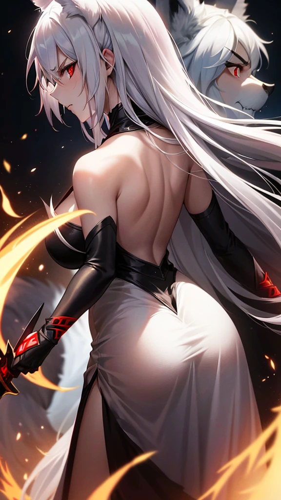 An adult woman half fox and wolf, wide breasts, red eyes, white hair, very angry, with an open little black dress, with her back turned, holding a sword