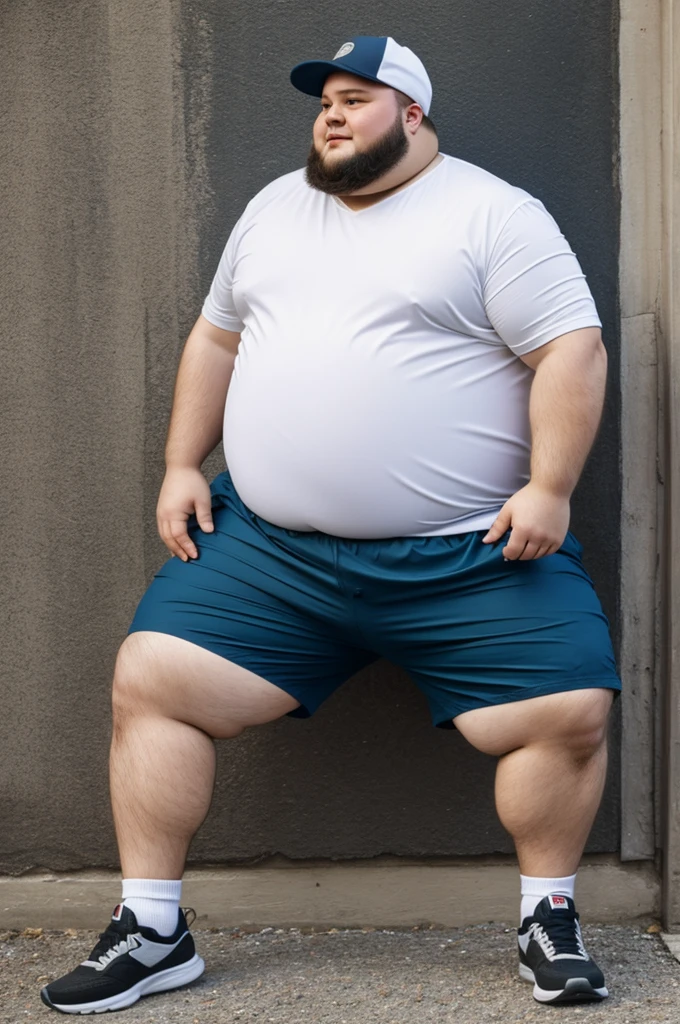 A fat man with a cap and shorts A