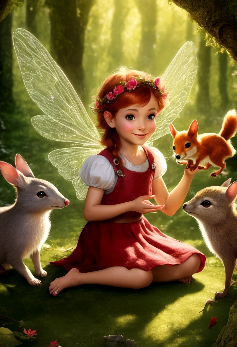 A mischievous fairy playing with woodland animals in a sunlit glade