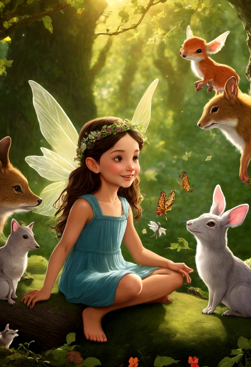 A mischievous fairy playing with woodland animals in a sunlit glade