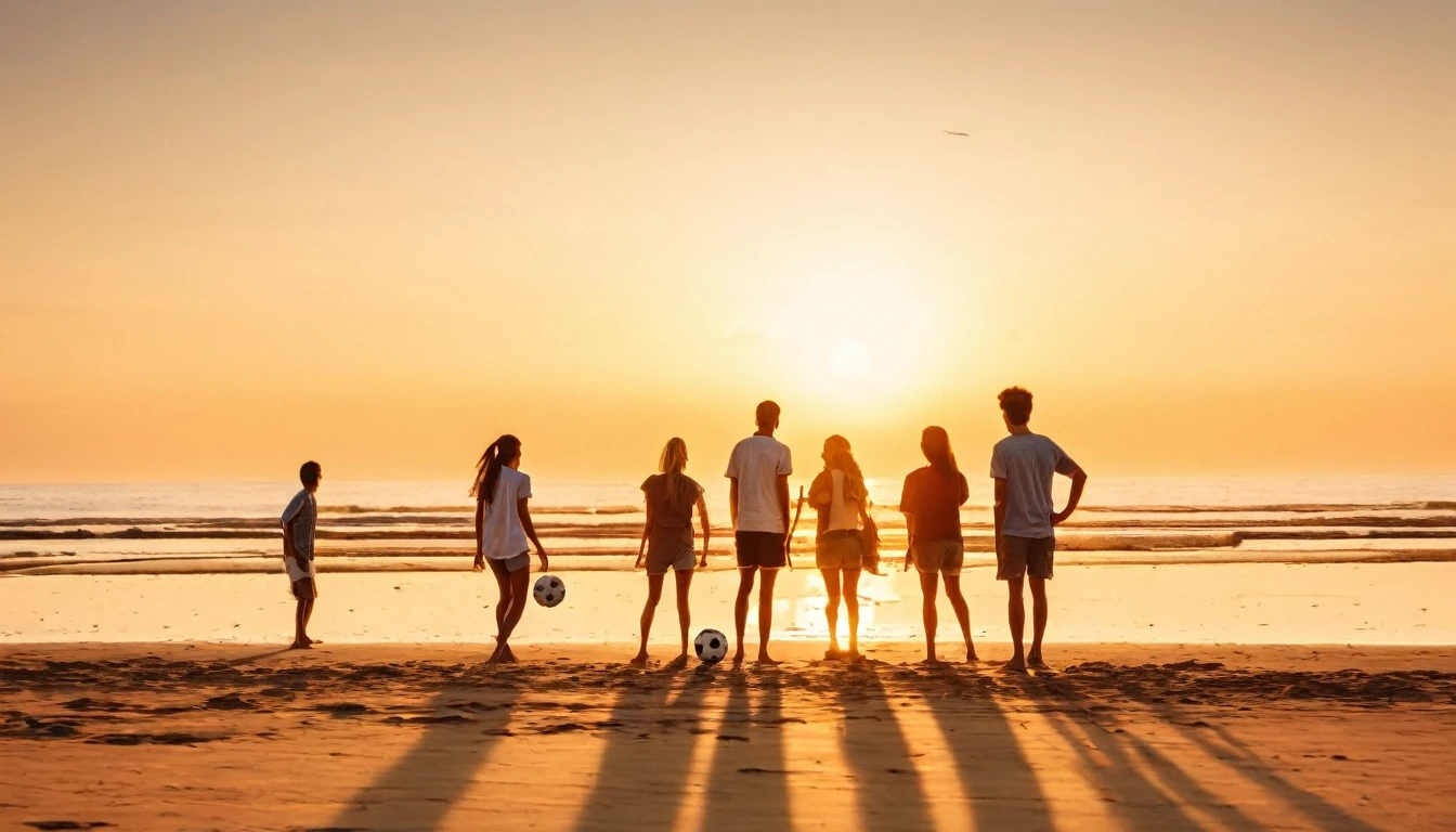a group of people standing on top of a sandy beach, shutterstock, playing soccer at the beach, warm glow, ager hangout spot, connection rituals
