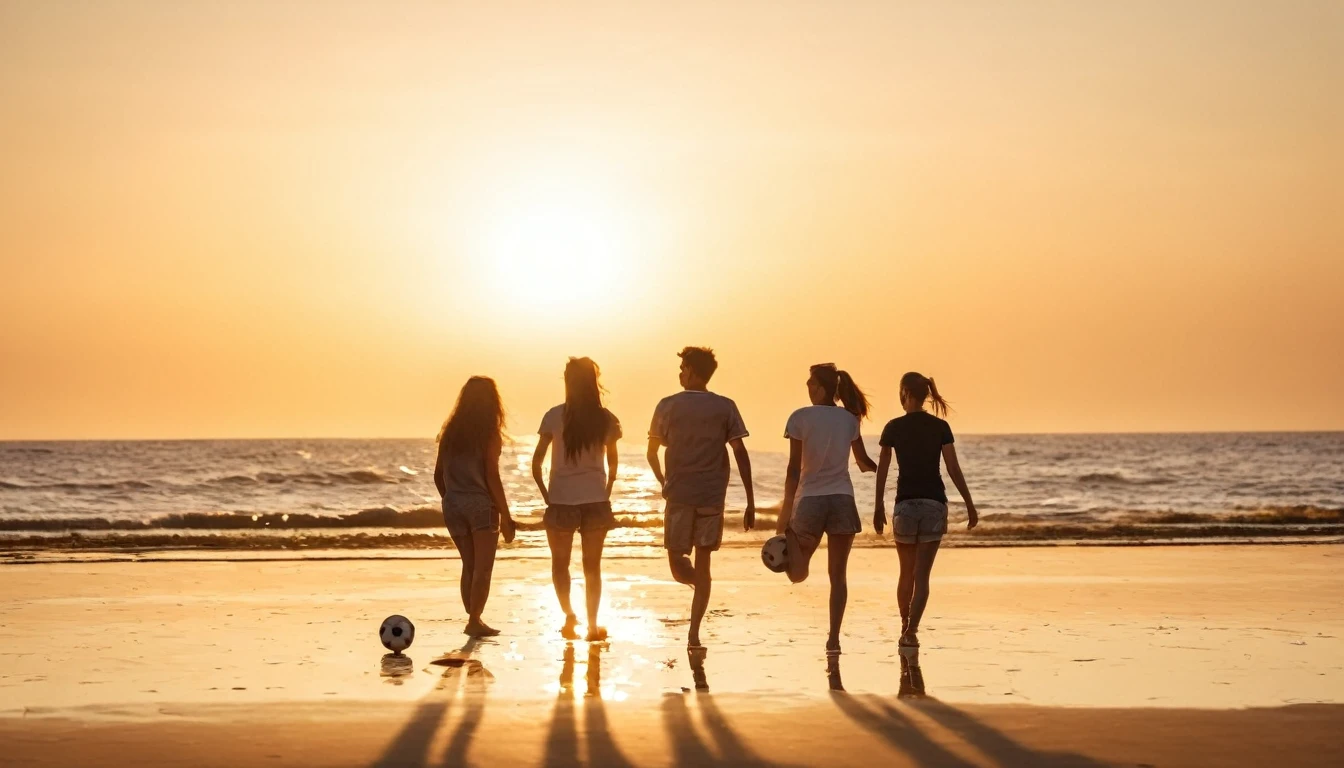 a group of people standing on top of a sandy beach, shutterstock, playing soccer at the beach, warm glow, ager hangout spot, connection rituals