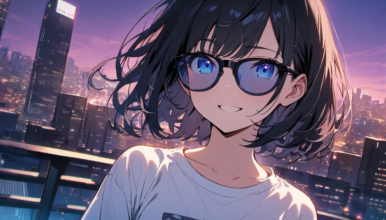 Txt2Img SDXL 12:59:56 1girl, solo, blue eyes, (detailed eyes), flat chest, short hair, black hair, ((white t-shirt)), simple t-shirt, black skirt, black socks, standing, upper body, gentle smile on her face((masterpiece, illustration, best quality)) a girl wearing sunglasses (sunglasses), Behind is the cityscape in the evening. There are twinkling lights of the city amidst the blue, blue, and purple sky. Cool girls stand on high balconies or bridges. Looking out at the city with a confident and calm expression. The colors of the picture emphasize the dramatic tone. close up to the face