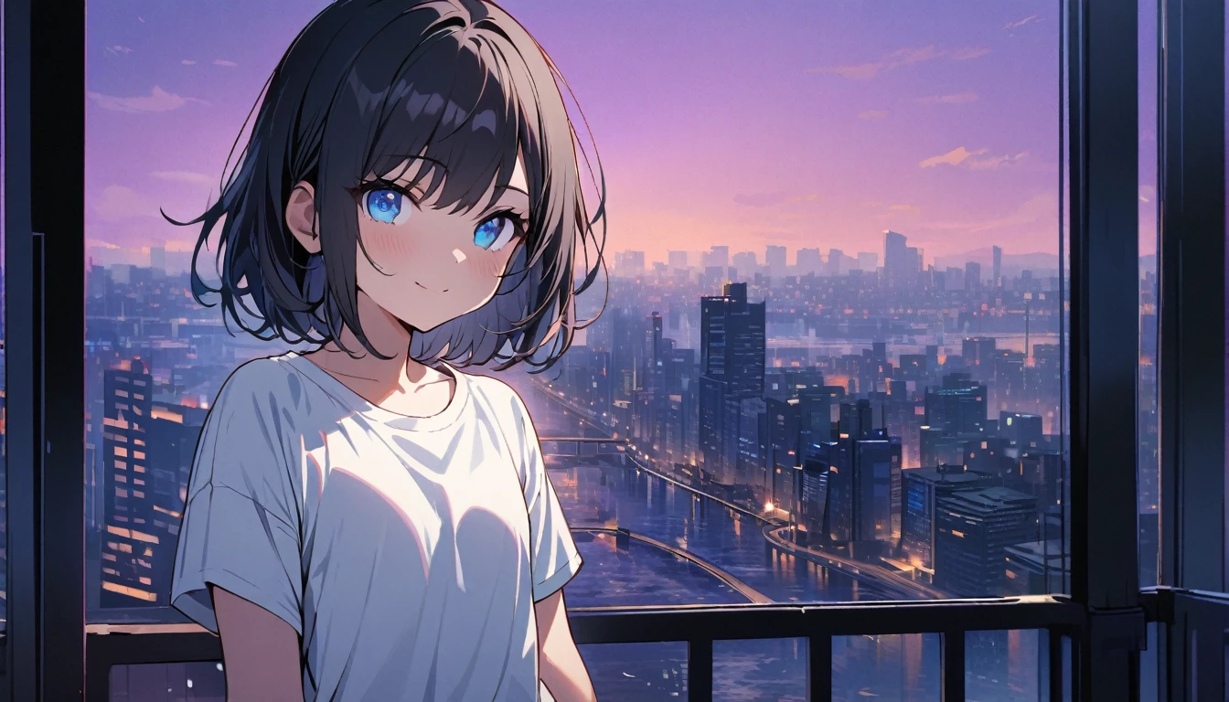 Txt2Img SDXL 12:59:56 1girl, solo, blue eyes, (detailed eyes), flat chest, short hair, black hair, ((white t-shirt)), simple t-shirt, black skirt, black socks, standing, upper body, gentle smile on her face((masterpiece, illustration, best quality)) a girl wearing sunglasses (sunglasses), Behind is the cityscape in the evening. There are twinkling lights of the city amidst the blue, blue, and purple sky. Cool girls stand on high balconies or bridges. Looking out at the city with a confident and calm expression. The colors of the picture emphasize the dramatic tone. close up to the face