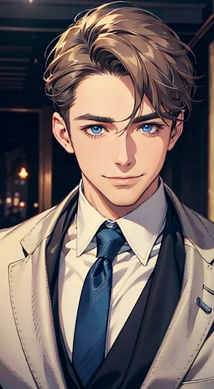 a mature man with short grey Brown hair, blue eyes, 31 years, and a perfect face, smiling in love, CEO, cinematic lighting, 1:4 HDR image, top view, ultra detailed, best quality, masterpiece, 8K, photorealistic, beautiful image
