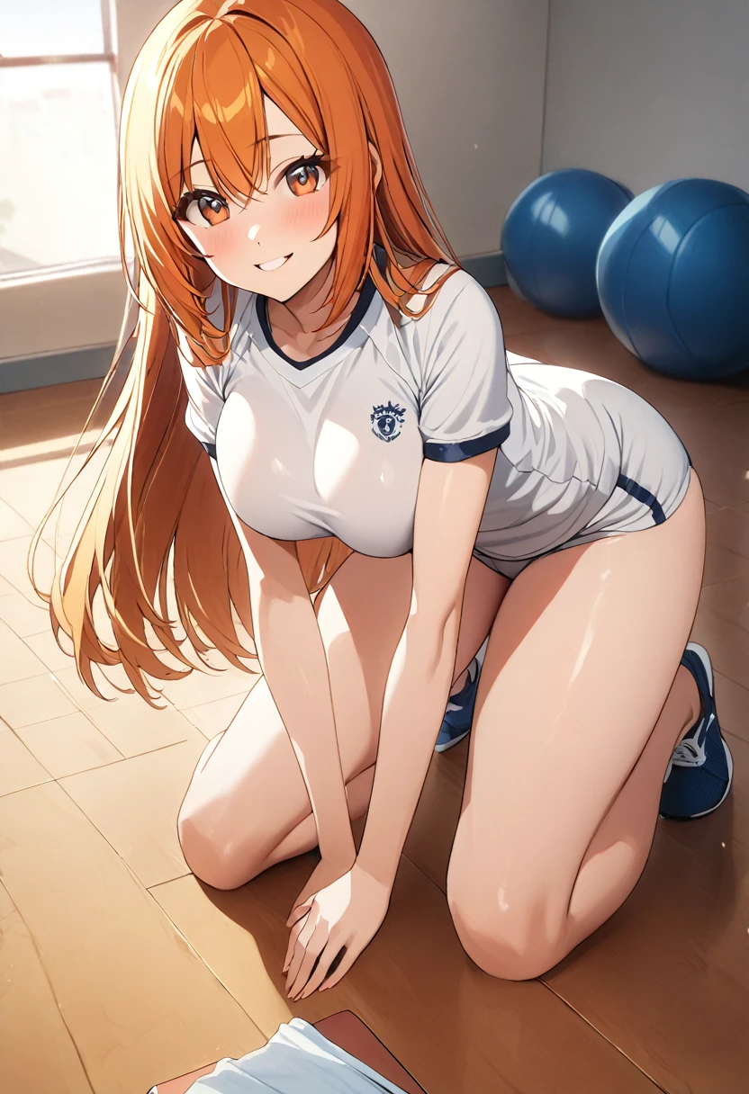 1 girl, (solo:1.2), tall girl, long orange hair, straight hair ,orange eyes, (high school student), (17 years old), (Full Breasts), (thighs), High Height,masterpiece, high resolution, shiny, full body, beautiful,A cute smile that makes the viewer happy, highly detailed beautiful face and eyes,looking at viewer, (school gym clothes:1.2), (outside),