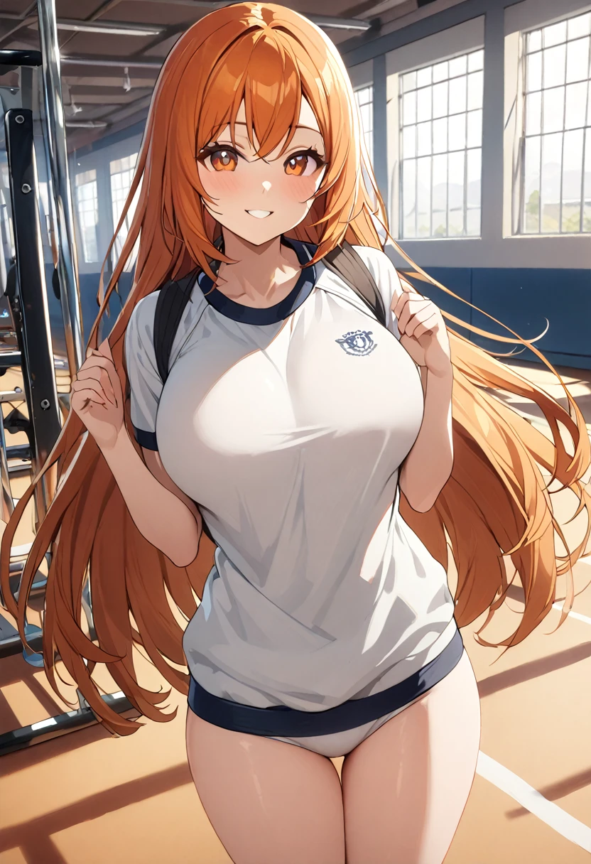 1 girl, (solo:1.2), tall girl, long orange hair, straight hair ,orange eyes, (high school student), (), (Full Breasts), (thighs), High Height,masterpiece, high resolution, shiny, full body, beautiful,A cute smile that makes the viewer happy, highly detailed beautiful face and eyes,looking at viewer, (school gym clothes:1.2), (outside),