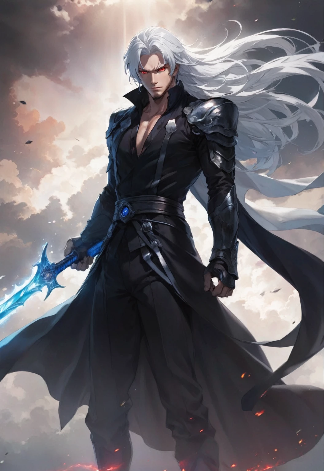 red eyed, holding blue glowing sword, anime man dressed in red, white hair
