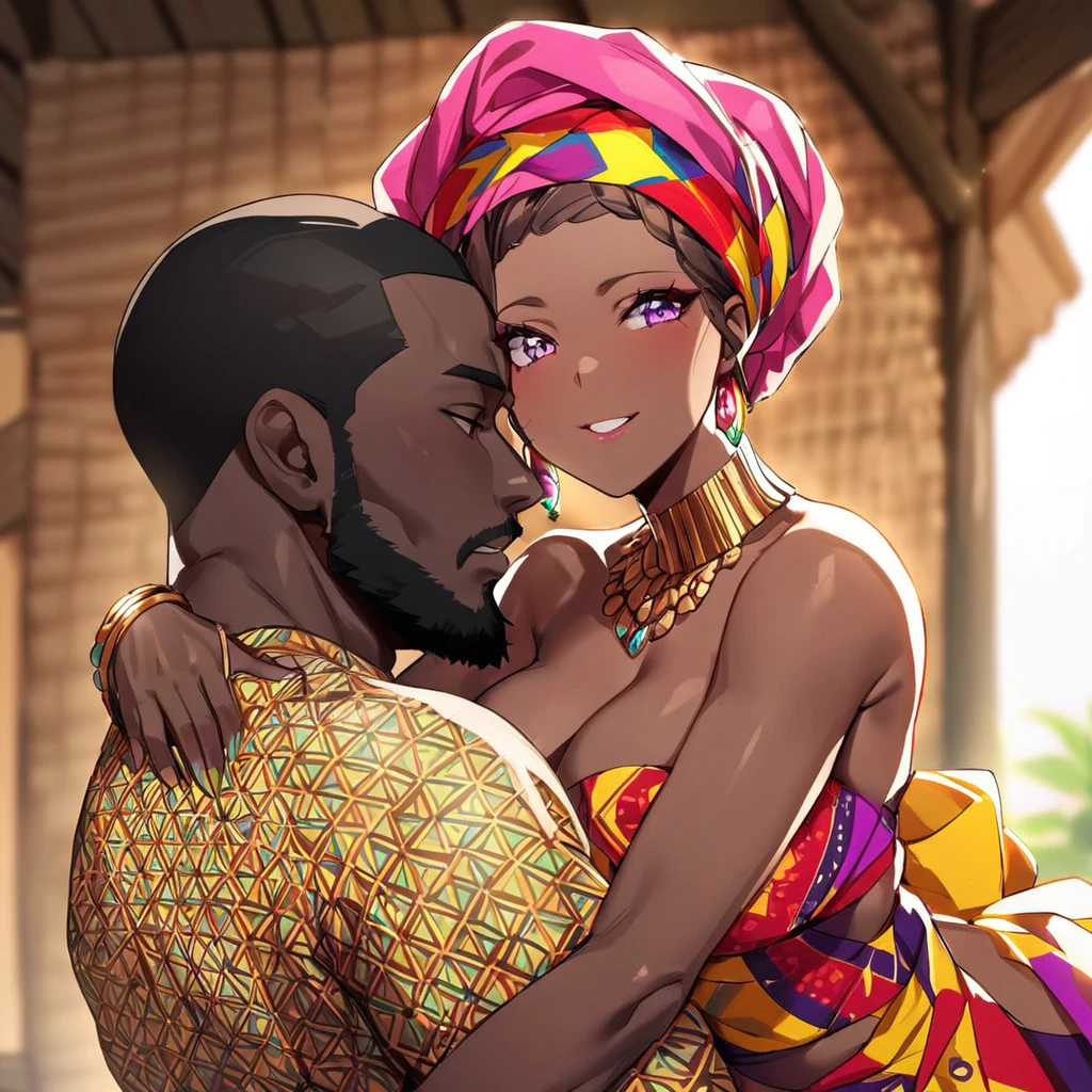 ((Highest quality)), ((masterpiece)), (detailed), (Perfect Face)、The woman is Momo Belia Deviluke, a Ghanaian by birth, with a vibrant dark skin, and is wearing a vibrant Ghanaian dress, a vibrant headscarf, gorgeous jewellery and an engagement ring.、The woman is the elegant Momo Belia Deviluke, with short pink bob hair, a colorful Ghanaian dress, a colorful headscarf, and vivid dark brown skin. She is a natural-born black and Ghanaian.、(The woman is a black Ghanaian with vivid dark brown skin.)、The woman is seen in a Ghanaian village, cuddling with a dignified, muscular, bearded, middle-aged Ghanaian man.、The man is the woman's husband, a dignified, muscular, middle-aged Ghanaian with a beard, wearing colorful Ghanaian traditional clothing and wearing an engagement ring.