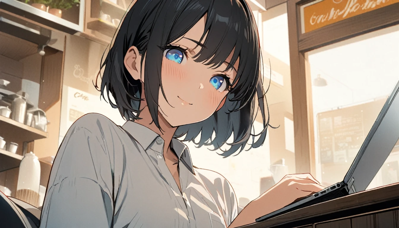 1girl, solo, blue eyes, (detailed eyes), flat chest, short hair, black hair, upper body, gentle smile on her face, wearing a white dress shirt, sitting up straight((masterpiece, illustration, best quality)) A woman operating a laptop in a stylish cafe、28 years old、adult atmosphere、Close-up, has a cup of coffee right beside her