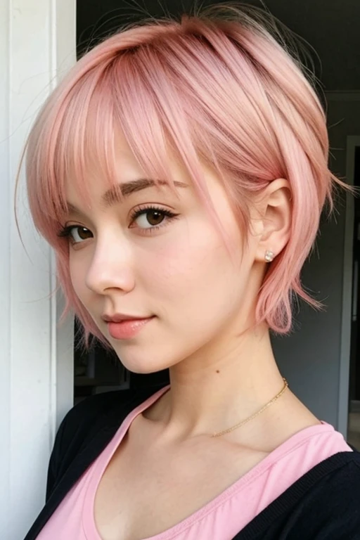 Anime style girls with short pink hair with