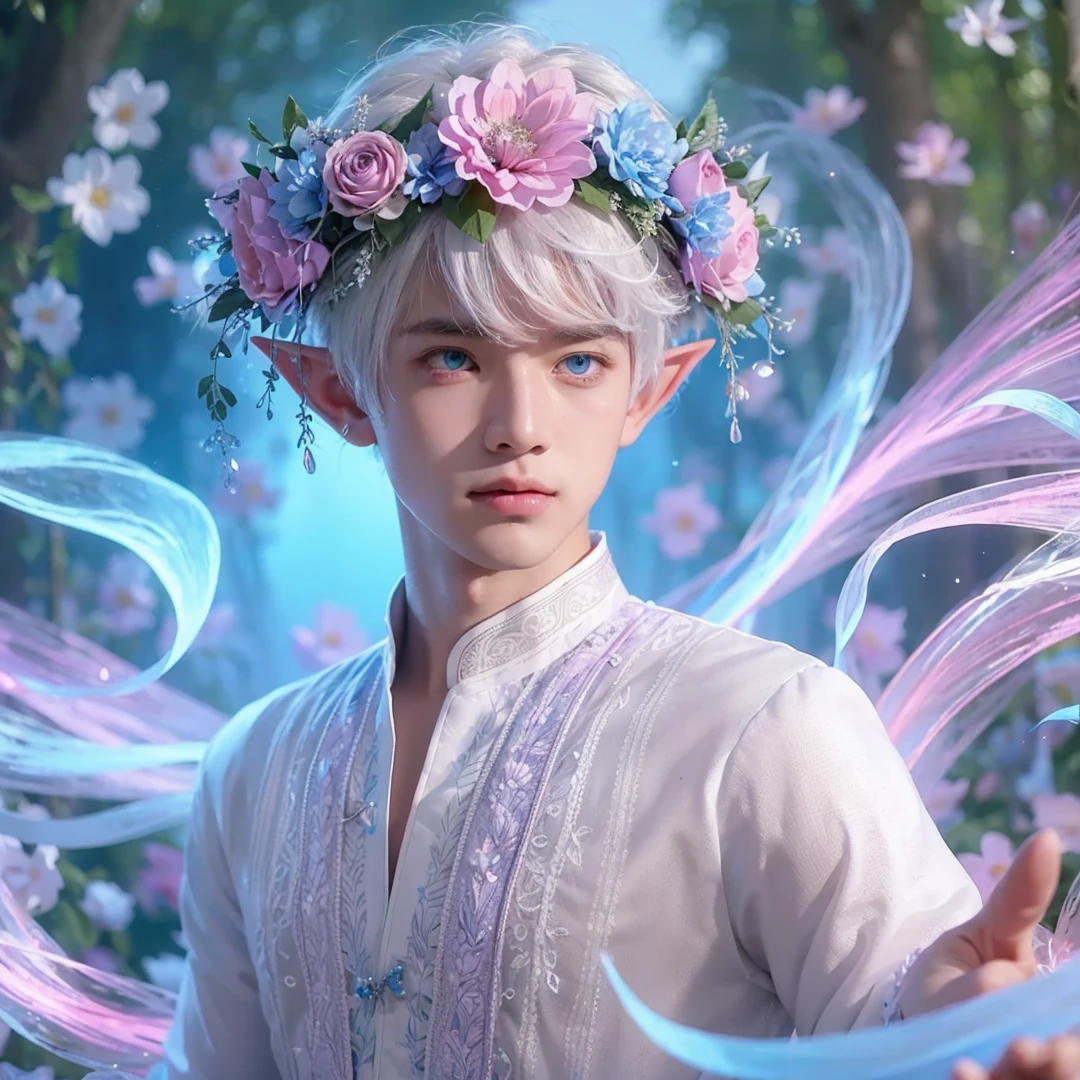 Handsome boy, white hair, blue eyes, wearing pink and light blue flower crown, wearing white barong tagalog, elf ear, "surrounded by light blue, pink, and purple light, magic forest background