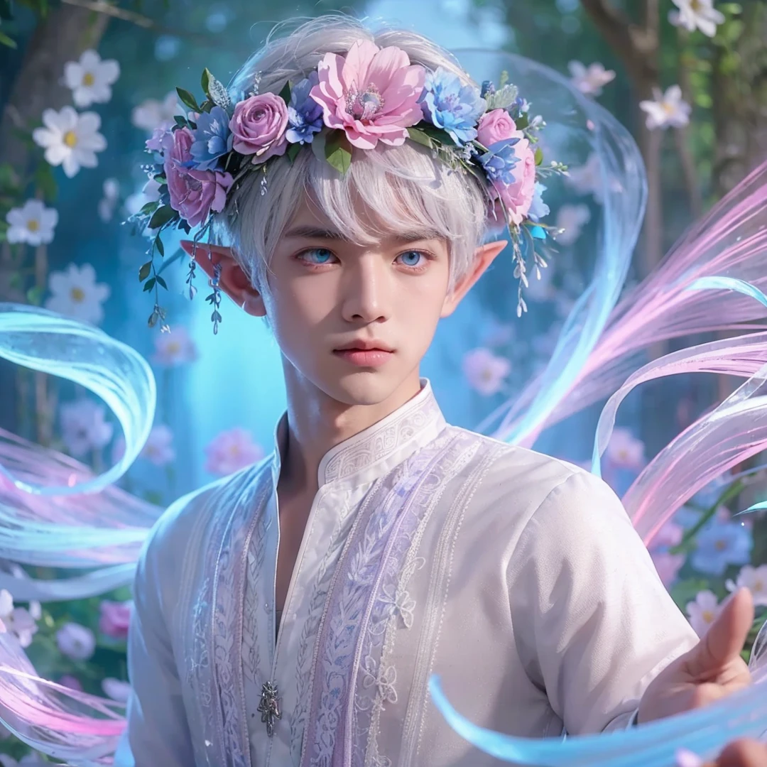 Handsome boy, white hair, blue eyes, wearing pink and light blue flower crown, wearing white barong tagalog, elf ear, "surrounded by light blue, pink, and purple light, magic forest background