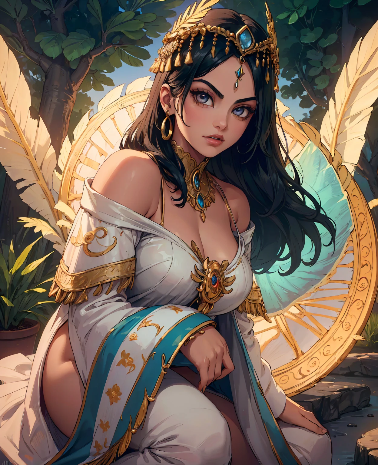 Camila mendes, shaman, beautiful detailed eyes, beautiful detailed lips, extremely detailed eyes and face, long eyelashes, beautiful woman, warm lighting, mystical, fantasy, spiritual, nature, earth tones, dreamlike, ethereal, ornate detailed headdress, intricate jewelry, glowing aura, (best quality, 4k, 8k, highres, masterpiece: 1.2), ultra-detailed, (realistic, photorealistic, photo-realistic: 1.37), cinematic lighting, dramatic shadows, vibrant colors, rich textures